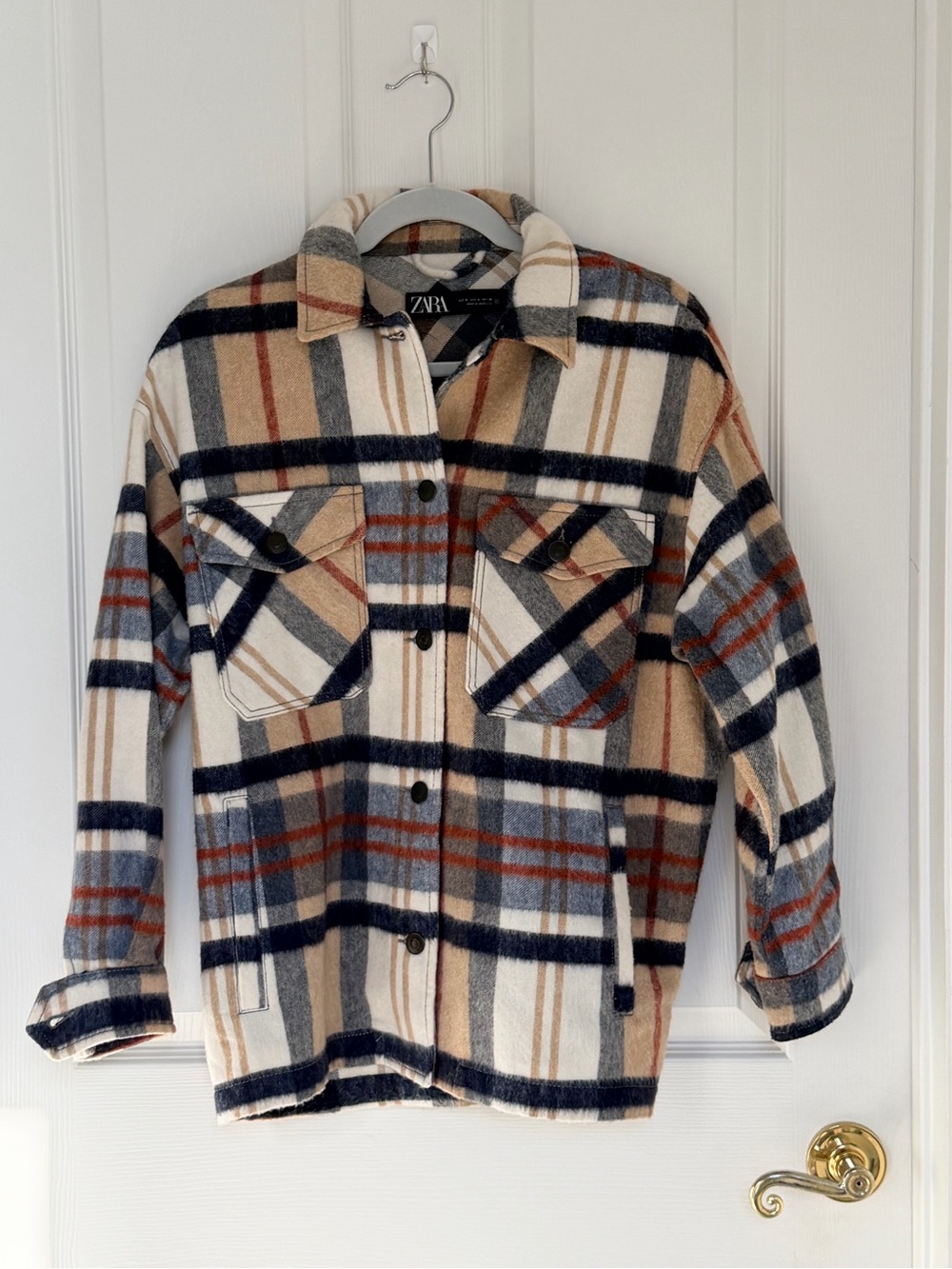 ZARA Wool Blend Plaid Shacket Oversized Ecru Navy Rust Jacket Women’s S